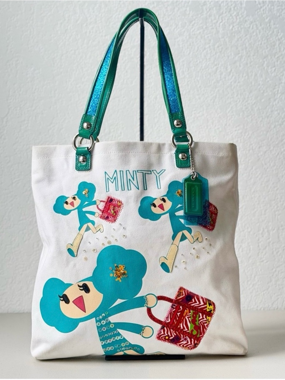 Coach Minty White & Teal Graphic Tote Bag HTF